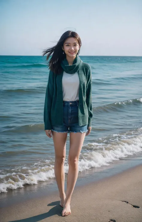 8K,raw,from below,1gril,solo,full body,long legs,sweater,Dark green scarf,sea,The glimmer of the sea,KODAK Ektar 100,(Film grain:1.2),light particles,looking at viewer, earrings