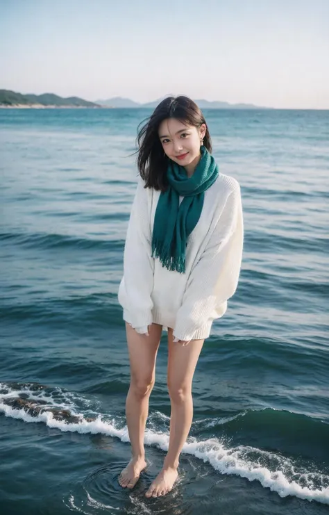 8K,raw,from below,1gril,solo,full body,long legs,sweater,Dark green scarf,sea,The glimmer of the sea,KODAK Ektar 100,(Film grain:1.2),light particles,looking at viewer, earrings