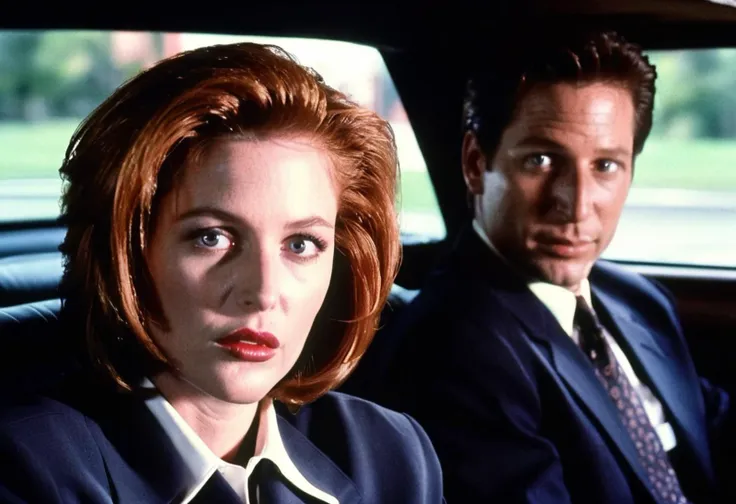 cinematic film still closeup of dana scully sitting in a 1999 ford crown victoria car passenger seat,sitting beside her partner fox mulder,1man (fox mulder in suit driving crown victoria car, sitting in drivers seat holding steering wheel),perfect eyes,perfect lips,intricate details,4k textures,4k resolution,film grain,highly textured skin,(photorealistic:1.5),<lora:gillian-anderson:1>,