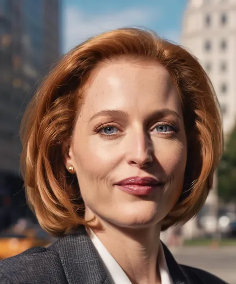 closeup head and shoulder portrait of dana scully smoking a cigarette,smile,outside fbi building in washington dc,perfect eyes,(((looking at viewer))),perfect lips,intricate details,4k textures,4k resolution,film grain,highly textured skin,(photorealistic:1.5),dynamic angle,<lora:gillian-anderson:1>,