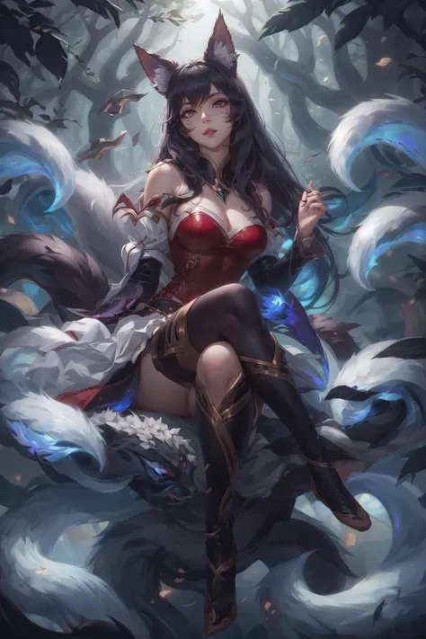 Ahri da league of legends,(best qualityer,4K,8k,high resolution, work of art:1.2)(weather: windy), 1girl, Japanese female, spirit forest background, red and white long sleeve korean kimono dress, thigh high stockings, cleavage, spirit sphere, cute makeup, tall boots, belt, long black hair, braided hair, fox ears, multiple fox tails, ultra detailed, realistic, portrait, beautiful detailed yellow eyes, beautiful detailed lips, extremely detailed eye and face, beautiful girl, long eyelashes, sexly, average, large breasts, beaming smile, magical pose, stunning curves, bright coloured, dramatic lighting, fox spirits,