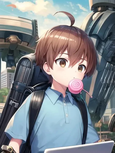 best quality, masterpiece, highres, detailed, perfect anatomy, <lora:Detail - add_detail:0.2>, ChildEmp, 1boy, brown hair, brown eyes, blue shirt, male child, backpack, typing, machinery, mechanical arms from backpack, <lora:ChildEmperor-10:0.8>, ahoge, city park, upper body, computer, smug, blowing bubble gum,