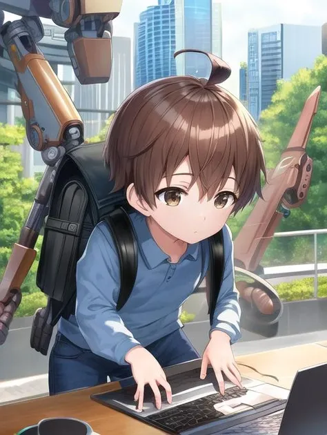 best quality, masterpiece, highres, detailed, perfect anatomy, <lora:Detail - add_detail:0.2>, ChildEmp, brown hair, brown eyes, blue shirt, male child, backpack,typing, machinery, mechanical arms from backpack, <lora:ChildEmperor-10:0.8>, ahoge, city park, blue pants, computer,