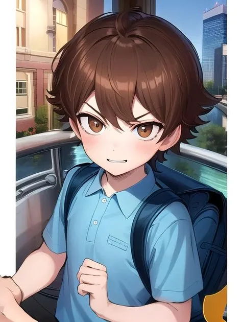 best quality, masterpiece, highres, detailed, digital artwork, <lora:Detail - add_detail:0.2>, city, ChildEmp, <lora:ChildEmp:1.2>, 1boy, blue polo shirt, male focus, male child, brown hair, brown eyes, serious, evil smile, backpack, fighting, manga,