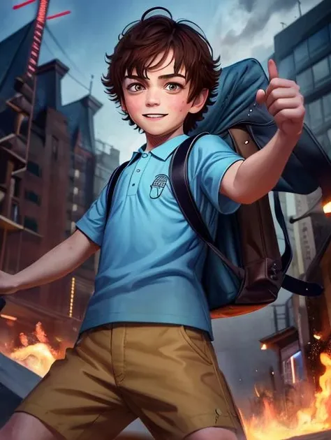 best quality, masterpiece, highres, detailed, digital artwork, <lora:Detail - add_detail:0.2>, city, ChildEmp, <lora:ChildEmp:1.2>, 1boy, blue polo shirt, male focus, male child, brown hair, brown eyes, serious, evil smile, backpack, fighting, manga,