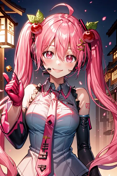 Hatsune Miku, 1girl, ahoge, bare shoulders, cherry hair ornament, collared shirt, detached sleeves, food, food-themed hair ornament, grey shirt, hair ornament, head tilt, headset, holding, lantern, long hair, looking at viewer, necktie, pink eyes, pink hair, pink necktie, pink sleeves, shirt, sleeveless, sleeveless shirt, smile, solo, twintails, upper body, very long hair, white shirt <lora:MikuV2:1>