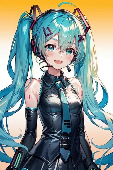 Hatsune Miku, 1girl, aqua eyes, aqua hair, aqua necktie, bare shoulders, black sleeves, detached sleeves, grey shirt, hair ornament, headphones, headset, long hair, looking at viewer, necktie, open mouth, shirt, simple background, skirt, sleeveless, sleeveless shirt, smile, solo, twintails, upper body, v, very long hair, w, yellow background <lora:MikuV2:1>