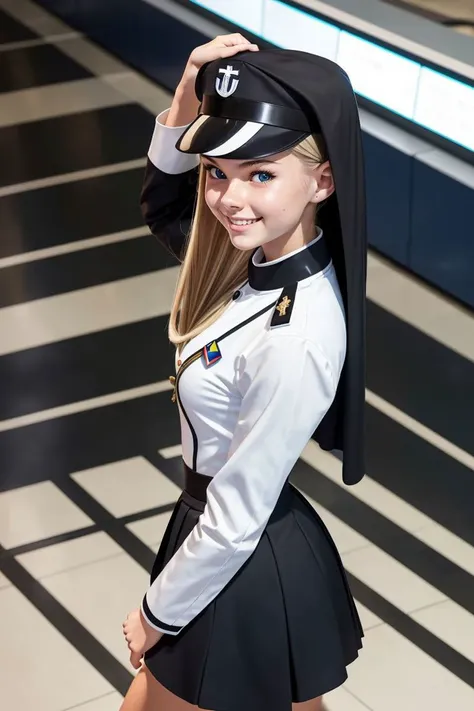 (sfw,best quality, masterpiece),1 girl is nun, 18 years old AIDA_MeikaWoo2023, standing, flight attendant,blonde,nazist black uniform with hat,shoulder pads,short skirt with slit, salute,smile,airport terminal,(upper body,from above)