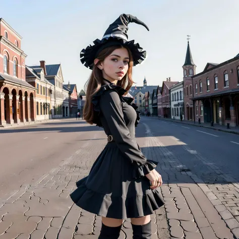(8k resolution:1.1), (solo:1.5), (masterpiece:1.3), (High definition:1.1), (ultra quality:2.0), (crisp:1.1), (sharp:1.1), (Reality:1.6), (Dynamic Angle:1.3). scene: (full body, solo, (AIDA_MeikaWoo2023:0.95)) blushing face, (single hair bun:1) (cute,), perfect glistening skin, (wearing witch hat black dress frills boots long sleeves:1.4). (location: empty town square at dim dusk:1.4) ,<lora:Witch:0.6>