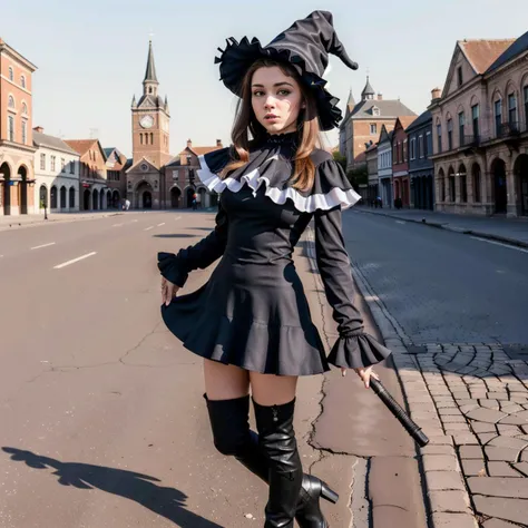 (8k resolution:1.1), (solo:1.5), (masterpiece:1.3), (High definition:1.1), (ultra quality:2.0), (crisp:1.1), (sharp:1.1), (Reality:1.6), (Dynamic Angle:1.3). scene: (full body, solo, (AIDA_MeikaWoo2023:0.95)) blushing face, (single hair bun:1) (cute,), perfect glistening skin, (wearing witch hat black dress frills boots long sleeves:1.4). (location: empty town square at dim dusk:1.4) ,<lora:Witch:0.6>