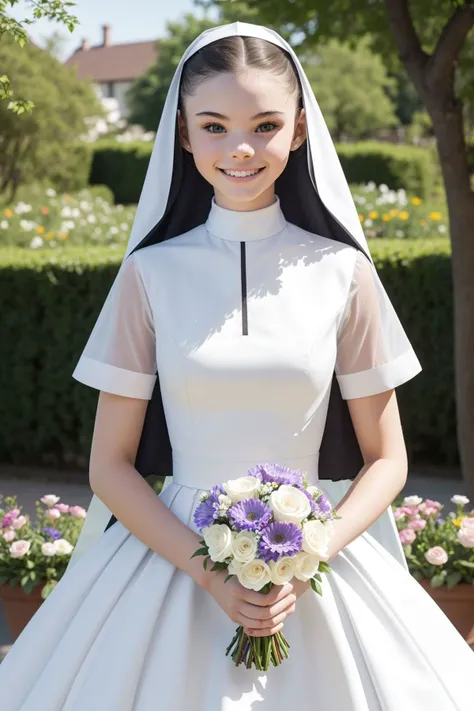 (sfw,best quality, masterpiece),1 girl is nun, 18 years old AIDA_MeikaWoo2023, standing, bride,blonde, flowers, bouchet, smile,garden, flowers,upper body