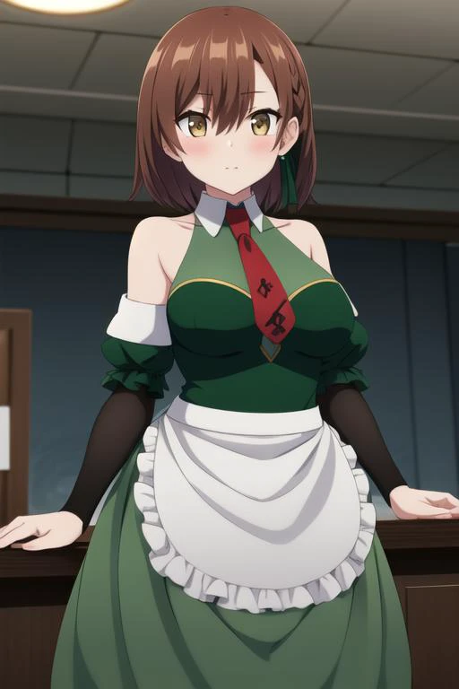 ((masterpiece, best quality)),1girl,standing,indoors,medium  breasts,lola, ore dake haireru, lola metrose,bare_shoulders, brown_eyes, brown_hair, bubble, detached_sleeves, frilled_apron, green_dress, green skirt,hair_between_eyes, necktie,red_necktie,short_hair, white_apron, <lora:lolamix:0.8>