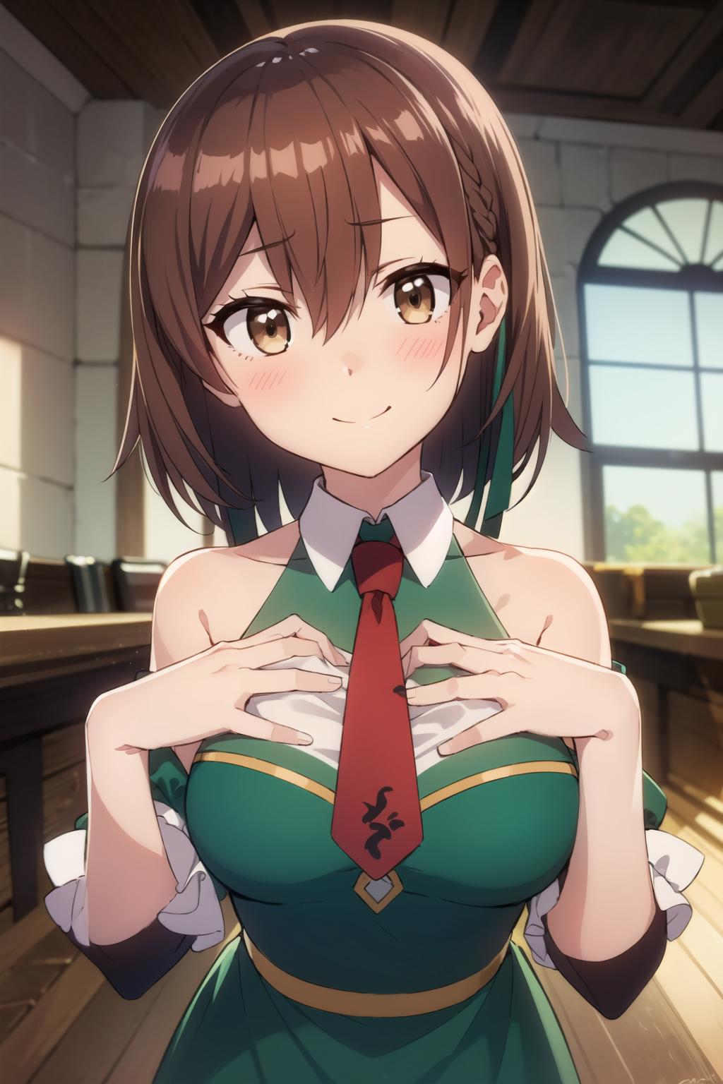 Anime girl in green dress with red tie and white shirt - SeaArt AI