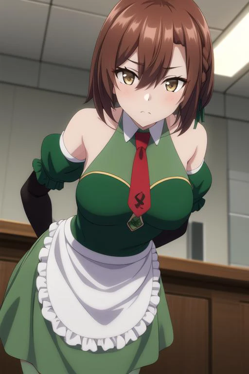 ((masterpiece, best quality)),1girl,standing,indoors,medium  breasts,lola, ore dake haireru, lola metrose,bare_shoulders, brown_eyes, brown_hair, bubble, detached_sleeves, frilled_apron, green_dress, green skirt,hair_between_eyes, necktie,red_necktie,short_hair, white_apron, <lora:lolamix:0.8>