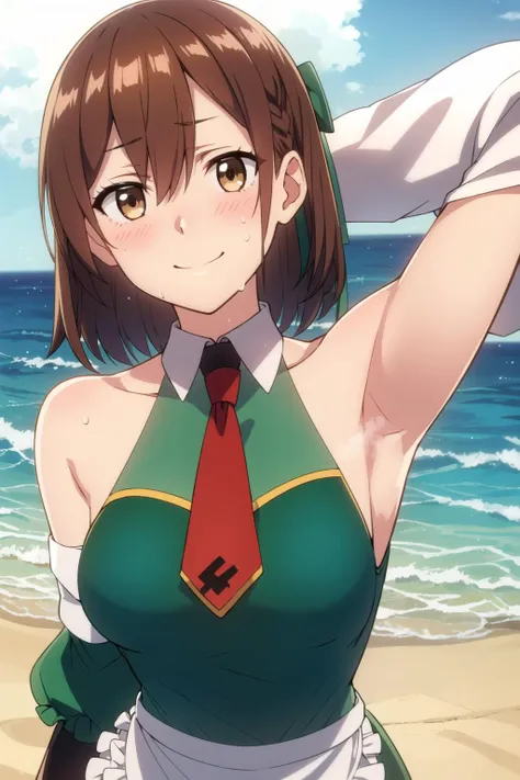 outdoor, beach, ocean, (anime coloring:0.3),
BREAK <lora:lolamix:0.8> 1gir, solo, lola, lora_metrose, lola_\(ore_dake_haireru_kakushi_dungeon\), brown eyes, brown hair, short hair, hair between eyes, side braid, hair ribbon, green ribbon, medium breasts, 
BREAK green dress, green skirt, frilled apron, detached sleeves, necktie, red necktie, collared shirt, white collar, black thighhighs, bare shoulders, breasts, armpits, (shiny skin:1.2), (steam:1.5), (sweat:1.2),
BREAK looking_at_viewer, arm behind head, portrait,
BREAK smile, blush, (embarrassed:1.2), 
BREAK (masterpiece:1.2), (beautiful detailed eyes:1.2), perfect lighting, (perfect hands, perfect anatomy)