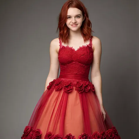 high quality photo of  <lora:sarahz:1> sarahz
red hair, (short hair:1.1), <lora:skin_slider_v10:1>, medium shot, 
 <lora:Pink_Gown_By-Stable_Yogi:0.8> crochet pattern, pink ballgown, pink roses pattern gown