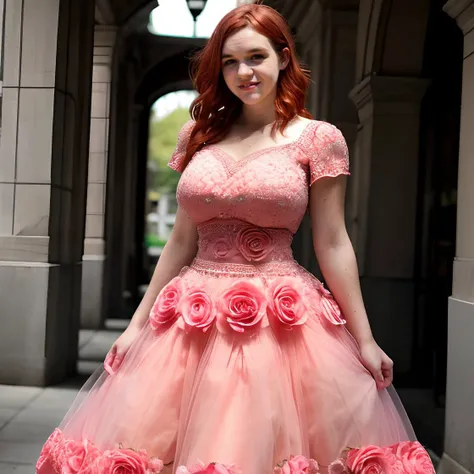 high quality photo of  <lora:sarahz:1> sarahz
red hair, (short hair:1.1), <lora:skin_slider_v10:1>, medium shot, thick thighs,  <lora:breastsizeslideroffset:1>
 <lora:Pink_Gown_By-Stable_Yogi:0.8> crochet pattern, pink ballgown, pink roses pattern gown