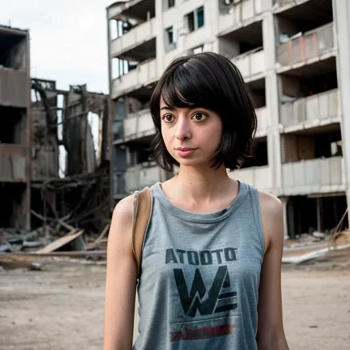 RAW photo, a photo of kate micucci in wastelander clothes, pale skin, slim body, background is city ruins, (high detailed skin:1.2), 8k uhd, dslr, soft lighting, high quality, film grain, Fujifilm XT3 <lora:kate micucci v1.1:0.8>
