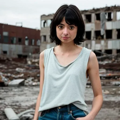 RAW photo, a photo of kate micucci in wastelander clothes, pale skin, slim body, background is city ruins, (high detailed skin:1.2), 8k uhd, dslr, soft lighting, high quality, film grain, Fujifilm XT3 <lora:kate micucci v1.1:0.8>