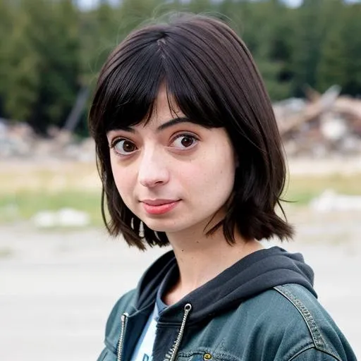 RAW photo, a photo of kate micucci in wastelander clothes, long haircut, pale skin, slim body, background is city ruins, (high detailed skin:1.2), 8k uhd, dslr, soft lighting, high quality, film grain, Fujifilm XT3 <lora:kate micucci v1.1:1>
