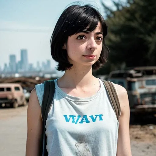 RAW photo, a photo of kate micucci in wastelander clothes, pale skin, slim body, background is city ruins, (high detailed skin:1.2), 8k uhd, dslr, soft lighting, high quality, film grain, Fujifilm XT3 <lora:kate micucci v1.1:0.8>