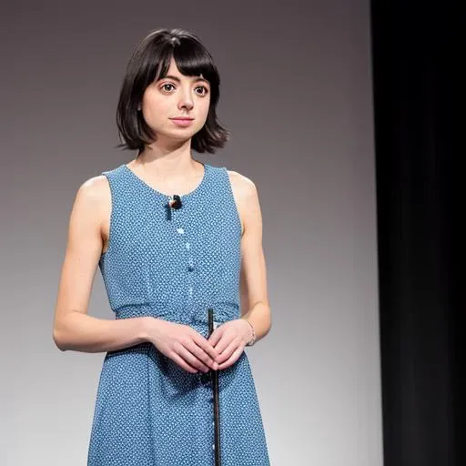 RAW photo, a photo of kate micucci in a dress, pale skin, slim body, background is a theater stage, (high detailed skin:1.2), 8k uhd, dslr, soft lighting, high quality, film grain, Fujifilm XT3 <lora:kate micucci v1.1:0.8>