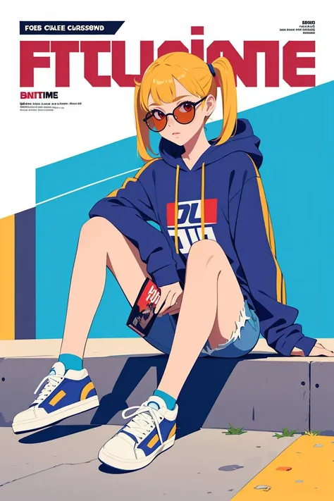 flat vector art,vector illustration, (Magazine cover-style illustration of a fashionable girl),street, in public,(The text on the cover should be bold and attention-grabbing, with the title of the magazine and a catchy headline:1.1) cute:1.2,yellow hair,red eyes,twintails,bangs, sitting, 1 pair of sunglasses, hoodie, colored hoodie, denim shorts, sneakers, skateboard, Human focus, outdoor, blue sky, White clouds, graffiti wall, flat, solo,<lora:GoodHands-beta2:1>,