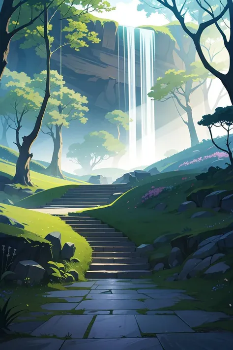 flat vector art,vector illustration, masterpiece,best quality,Minimalism,Photo taken from a distance on the path leading to the waterfall, blossoming path to heaven, Beautiful and mysterious, Beautiful fece, Beautiful images ever created, magical landscape, Glowing swirling mist, Truly beautiful nature, magical colors and atmosphere, Very beautifullyãEthereal, course, magical colors and atmosphere, very magical and dreamy, stairway to heaven, amazing wallpapers