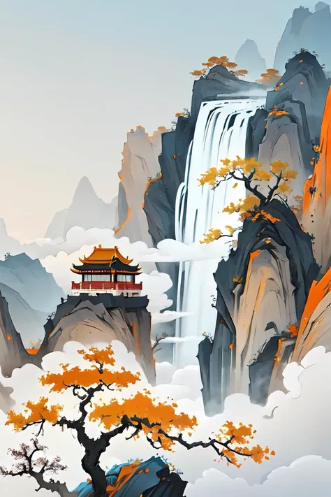 Chinese landscape painting, landscape artistic conception, Zen aesthetics, Zen composition, Chinese ancient architectural complex, Chinese Forbidden City, peach trees, snow scenery, Chinese classical painting style, orange and vermilion, clouds and mist, majestic mountains, forests, waterfalls, looking up, rich lighting, minimalism, ultimate details, unparalleled details, movie special effects, realism, brushstrokes, fine details,Gongbi Shanshui , <lora:å½é£å·¥ç¬å±±æ°´_Guofeng Gongbi Shanshui_V1.0:0.65>