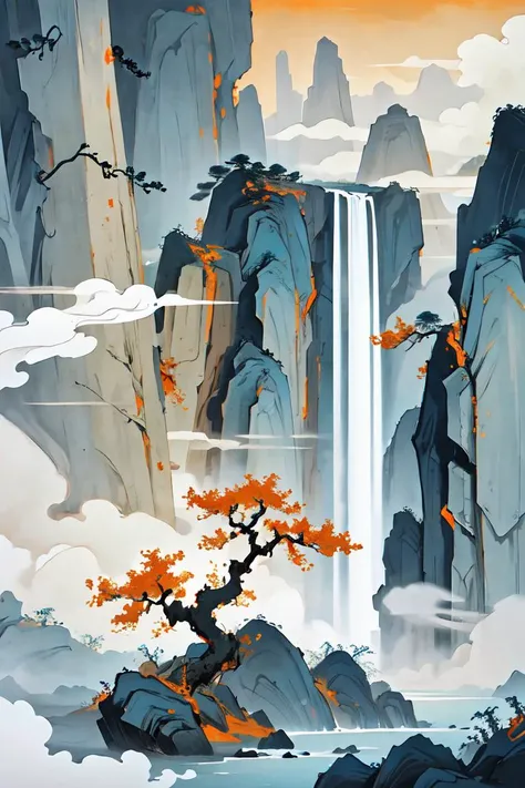 Chinese landscape painting, landscape artistic conception, Zen aesthetics, Zen composition, Chinese ancient architectural complex, Chinese Forbidden City, peach trees, snow scenery, Chinese classical painting style, orange and vermilion, clouds and mist, majestic mountains, forests, waterfalls, looking up, rich lighting, minimalism, ultimate details, unparalleled details, movie special effects, realism, brushstrokes, fine details,Gongbi Shanshui , <lora:å½é£å·¥ç¬å±±æ°´_Guofeng Gongbi Shanshui_V1.0:0.65>