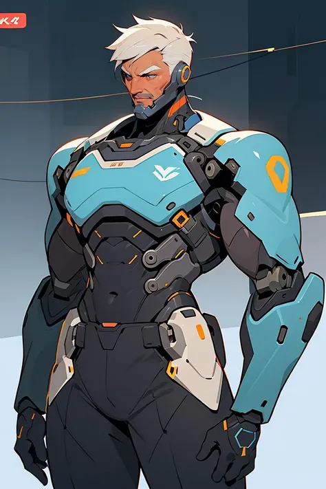 masterpiece,best quality,<lora:Malemecha_V1:0.5>,Sodier76,Mecha,overwatch2,Half-length close up,cyberpunk,science fiction background,comic style,in cyberpunk city,mechanical body,prosthetic transformation,portrait of detailed soldier with his mechanical bodysuit heavy exosuit,solo,futurism,masculinity,male_focus,upper_body