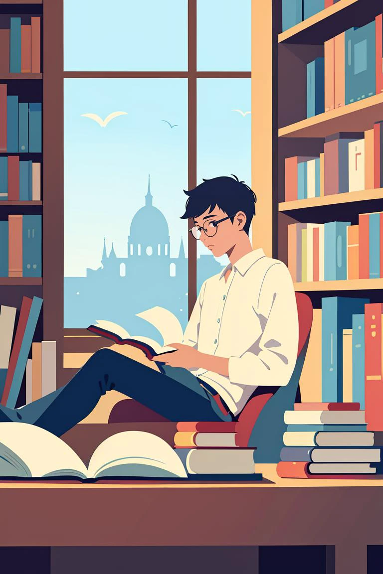 shadow flat vector art,masterpiece,best quality,1boy,glasses,Read in the library,quiet,books