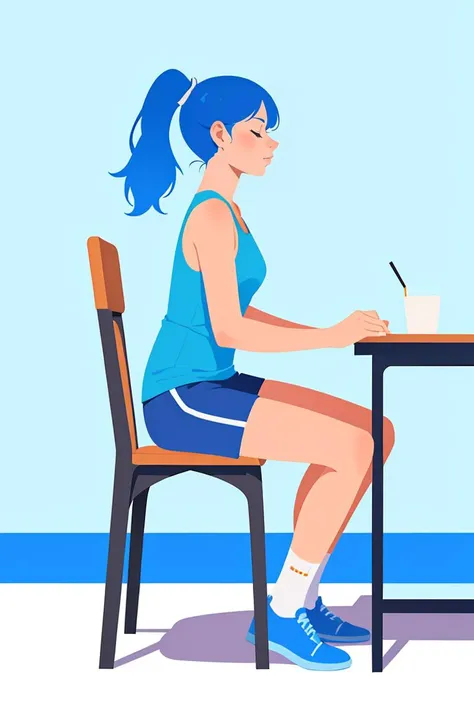 Minimalism,shadow flat vector art,masterpiece,best quality,art by Rami Niemi, shorts, 1girl, shirt, blue hair, blue shorts, blue theme, blue footwear, socks, solo, profile, shadow, ponytail, sleeveless, closed eyes, chair, sleeveless shirt, tank top, wide shot