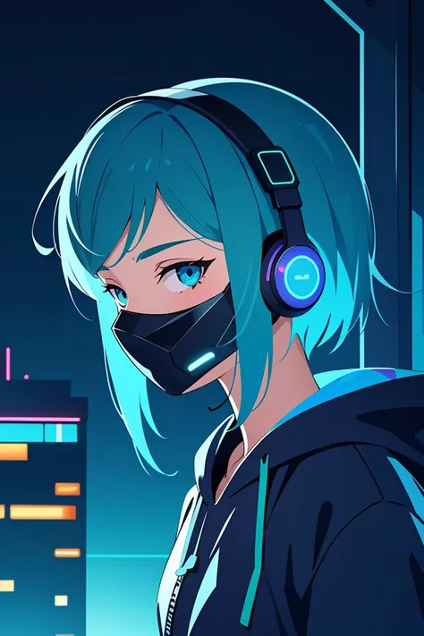 Comic style, illustration, line art style, (frontal view, facing viewer:1.2), centered, masterpiece, face portrait, | 1girl, solo, aqua hair color, short hairstyle, light blue eyes, | (neon wireless headphones headset:1), (black neon futuristic mouth mask:1), dark blue hoodie, sunset, buildings, urban scenery, depth of field,futuristic city lights, neon lights | bokeh,<lora:GoodHands-vanilla:1>,