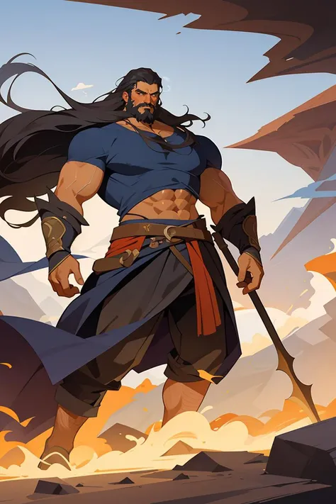 masterpiece, best quality, oil painting, 1boy, beard, facial hair, fantasy, long hair, male focus, manly, medieval, muscular, abs, solo, open clothes, smoke, abstract background, <lora:BearlySD:0.8>,