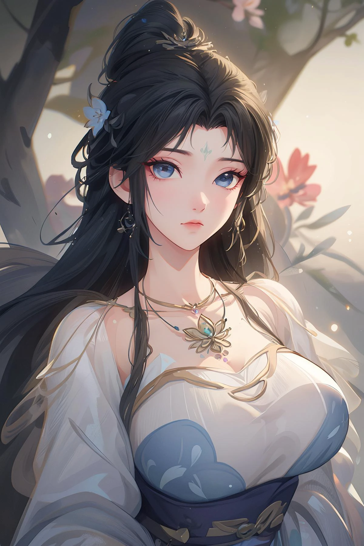 <lora:QingYi:1>,qingyi,1girl,jewelry,hair ornament,solo,blue eyes,necklace,forehead mark,earrings,long hair,facial mark,dress,upper body,blurry background,black hair,looking at viewer,blurry,expressionless,brown hair,closed mouth,chinese clothes,hair flower,flower,
<lora:MoXinV1:0.2>,shuimobysim,wuchangshuo,bonian,zhenbanqiao,badashanren,<lora:wrenchmandarincharm:0.2>,wrenchmandarincharm,hanfu,<lora:GoodHands-beta2:0.1>,<lora:Add More Detailsç»èè°æ´:0.3>,<lora:anxiang:0.2>,<lora:0大æ¼:0.1>,silver foil texture,linen texture,, best quality , masterpiece, illustration, an extremely delicate and beautiful, extremely detailed ,CG,unity,8k wallpaper, Amazing, finely detail, masterpiece, best quality,official art,extremely detailed CG unity 8k wallpaper,absurdres, incredibly absurdres, huge filesize , ultra-detailed, highres, extremely detailed,beautiful detailed girl, extremely detailed eyes and face, beautiful detailed eyes,light on face,