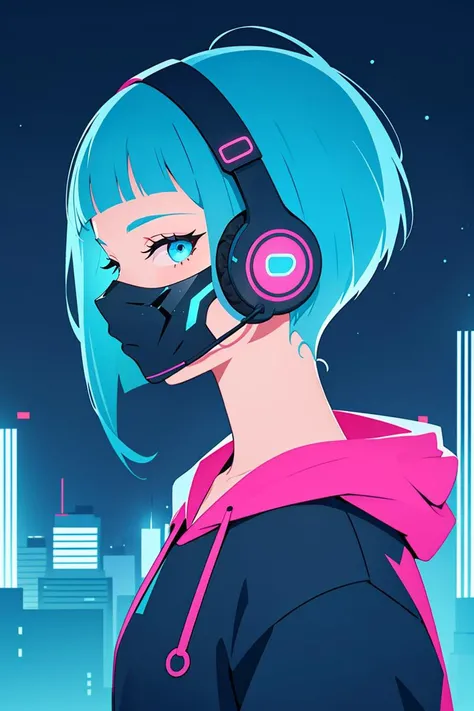 Comic style, illustration, line art style, (frontal view, facing viewer:1.2), centered, masterpiece, face portrait, | 1girl, solo, aqua hair color, short hairstyle, light blue eyes, | (neon wireless headphones headset:1), (black neon futuristic mouth mask:1), dark blue hoodie, sunset, buildings, urban scenery, depth of field,futuristic city lights, neon lights | bokeh,<lora:GoodHands-vanilla:1>,