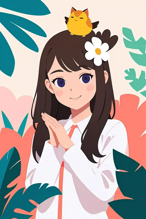 Minimalism,shadow flat vector art,masterpiece,best quality,art by Rami Niemi,1girl, leaf, flower, brown hair, pink flower, solo, long hair, plant, long sleeves, smile, on head, black eyes, looking at viewer, bangs, animal on head, bird, cat, animal, hands up, upper body, blue flower, white flower, shirt, purple flower, white shirt, yellow flower