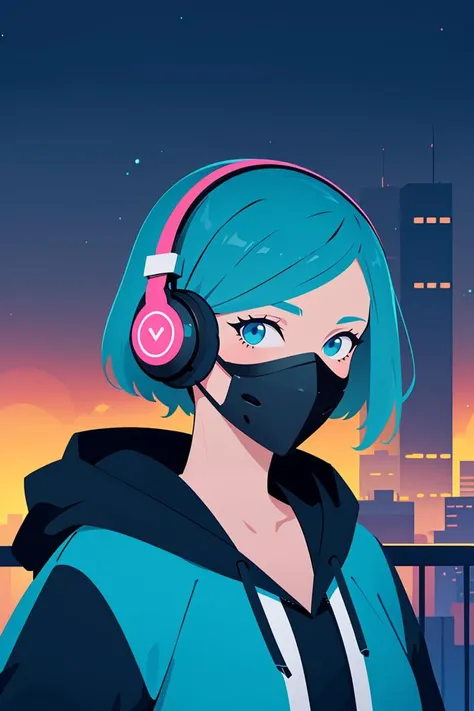 Comic style, illustration, line art style, (frontal view, facing viewer:1.2), centered, masterpiece, face portrait, | 1girl, solo, aqua hair color, short hairstyle, light blue eyes, | (neon wireless headphones headset:1), (black neon futuristic mouth mask:1), dark blue hoodie, sunset, buildings, urban scenery, depth of field,futuristic city lights, neon lights | bokeh,<lora:GoodHands-vanilla:1>,