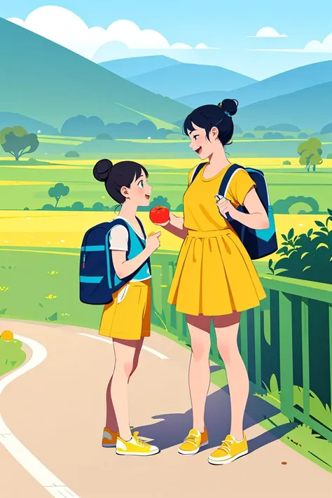 masterpiece,best quality, 2girl,shirt, black hair, short sleeves, cat, multiple girls, yellow shirt, shorts, skirt, bag, holding, profile, braid, shoes, smile, fruit, aqua shirt, hair bun, yellow footwear, aqua footwear, flat color, open mouth, food, backpack, sleeveless, scenery