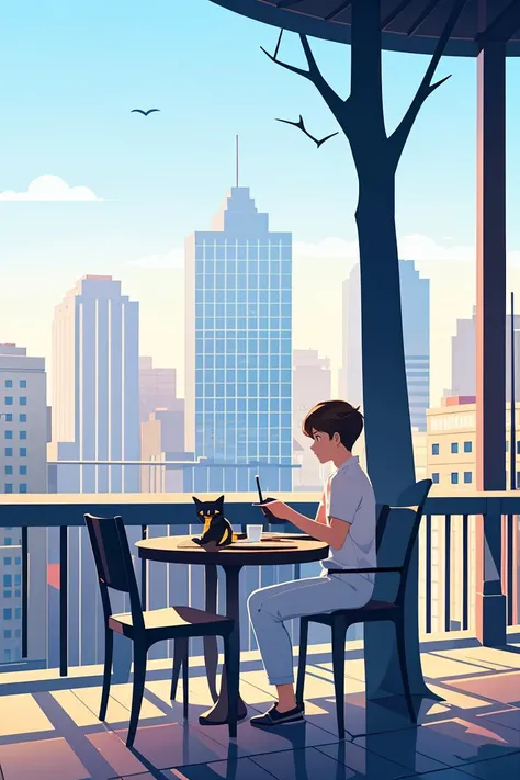 shadow flat vector art,masterpiece,best quality, swimsuit, building, shirt, cat, tree, 1boy,white shirt, solo, pants, outdoors, 1girl, brown hair, wide shot, chair, city, sky, table, day, railing, black cat,