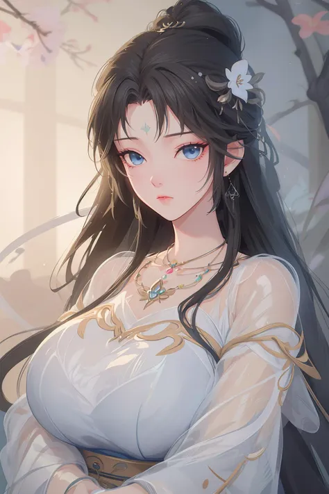 <lora:QingYi:1>,qingyi,1girl,jewelry,hair ornament,solo,blue eyes,necklace,forehead mark,earrings,long hair,facial mark,dress,upper body,blurry background,black hair,looking at viewer,blurry,expressionless,brown hair,closed mouth,chinese clothes,hair flower,flower,
<lora:MoXinV1:0.2>,shuimobysim,wuchangshuo,bonian,zhenbanqiao,badashanren,<lora:wrenchmandarincharm:0.2>,wrenchmandarincharm,hanfu,<lora:GoodHands-beta2:0.1>,<lora:Add More Detailsç»èè°æ´:0.3>,<lora:anxiang:0.2>,<lora:0å¤§æ¼:0.1>,silver foil texture,linen texture,, best quality , masterpiece, illustration, an extremely delicate and beautiful, extremely detailed ,CG,unity,8k wallpaper, Amazing, finely detail, masterpiece, best quality,official art,extremely detailed CG unity 8k wallpaper,absurdres, incredibly absurdres, huge filesize , ultra-detailed, highres, extremely detailed,beautiful detailed girl, extremely detailed eyes and face, beautiful detailed eyes,light on face,