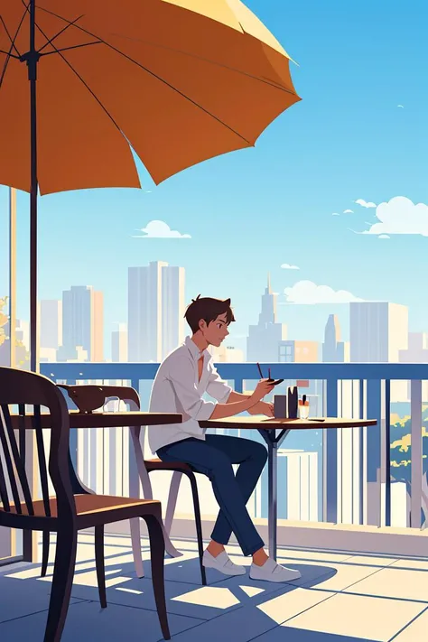 shadow flat vector art,masterpiece,best quality, swimsuit, building, shirt, cat, tree, 1boy,white shirt, solo, pants, outdoors, 1girl, brown hair, wide shot, chair, city, sky, table, day, railing, black cat