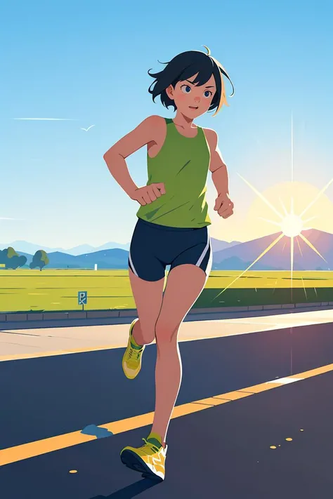 shadow flat vector art,masterpiece,best quality,art by Rami Niemi, 1girl,solo,short hair,running,outside,sun