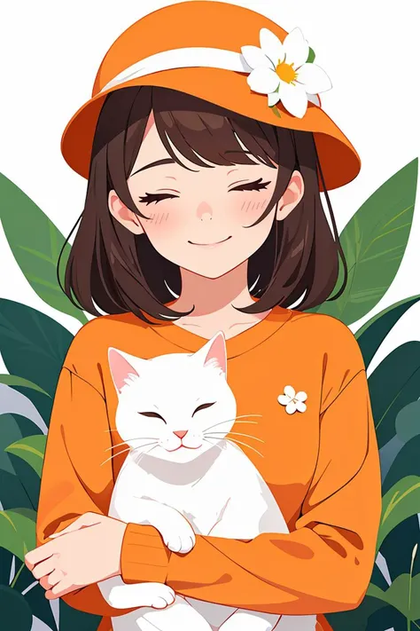 flat vector art,vector illustration, 1girl, upper body,orange sweater, blush, closed eyes, holding cat, smile, hat, white headwear, long sleeves, flower, white flower,  solo, leaf, plant,  brown hair, medium hair , masterpiece, best quality, highres,soft lighting,,<lora:GoodHands-beta2:1>