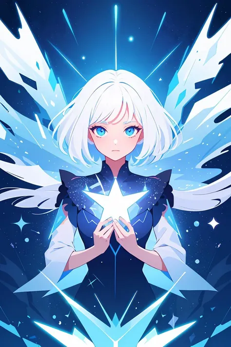 flat vector art,vector illustration, hand drawn style,1girl,solo,white hair,star particles,sky,surreal,Holographic,glowy,sparkle,masterpiece, best quality, highres<lora:GoodHands-beta2:1>