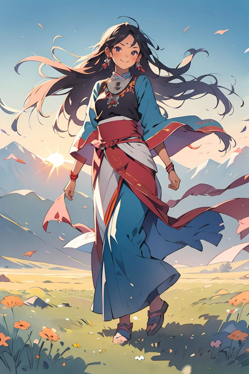 Masterpiece,best quality,1girl, smile, full body, ((Tibetan)), front view, dancing, Prairie, sunset, sun, wind, floating hair, mountain <lora:èæ _ æ°æé£ç³»å_v1.0:0.8>