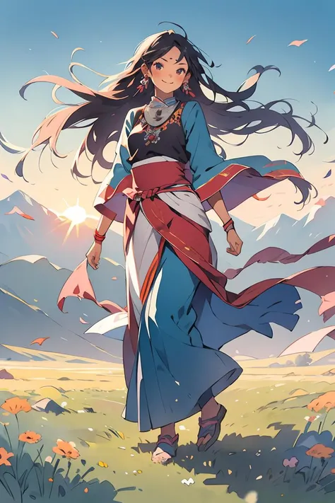 Masterpiece,best  quality,1girl, smile, full body, ((Tibetan)),  front view, dancing, Prairie, sunset, sun, wind, floating hair, mountain <lora:èæ _ æ°æé£ç³»å_v1.0:0.8>