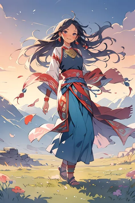 Masterpiece,best  quality,1girl, smile, full body, ((Tibetan)),  front view, dancing, Prairie, sunset, sun, wind, floating hair, mountain <lora:èæ _ æ°æé£ç³»å_v1.0:0.8>