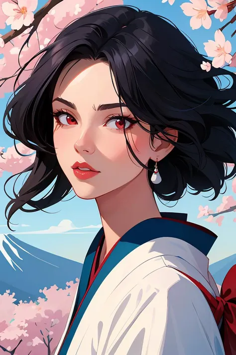 flat vector art,vector illustration, high quality,beautiful face by j Scott Campbell,woman,samurai,flowers in hair,kimono,normal breasts,(white face),red eyes,black hair,perfect lips,dynamic pose,masterpiece,cowboy shot,highly detailed,highres,by Joe Madureira,artistic background,cherry blossoms,painting japanese mountain,by greg rutkowski,,<lora:GoodHands-beta2:0.8>